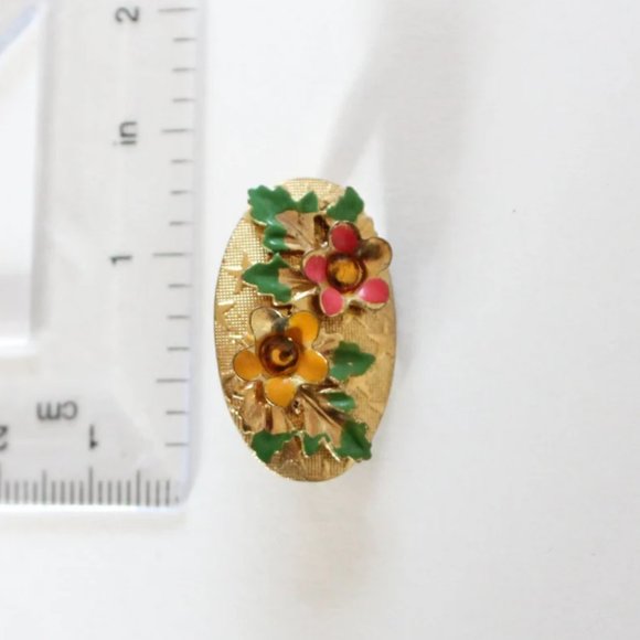 Vintage 50s Floral Brooch - Enamel Flower Gold Toned Brooch - Picture 3 of 4